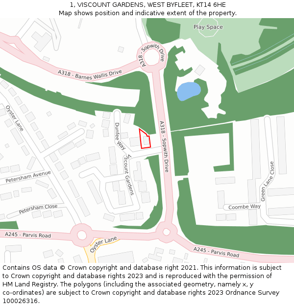 1, VISCOUNT GARDENS, WEST BYFLEET, KT14 6HE: Location map and indicative extent of plot