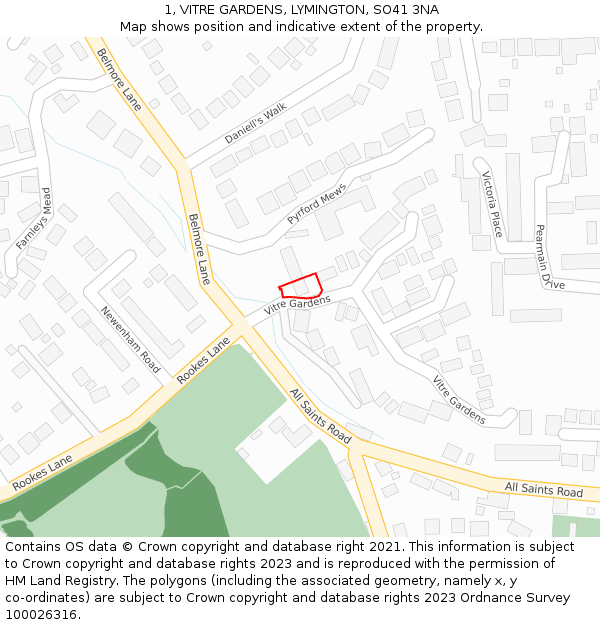 1, VITRE GARDENS, LYMINGTON, SO41 3NA: Location map and indicative extent of plot