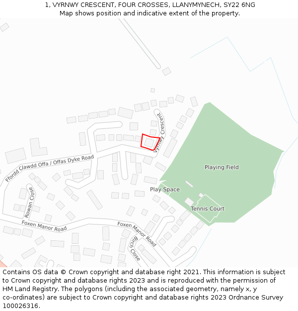 1, VYRNWY CRESCENT, FOUR CROSSES, LLANYMYNECH, SY22 6NG: Location map and indicative extent of plot