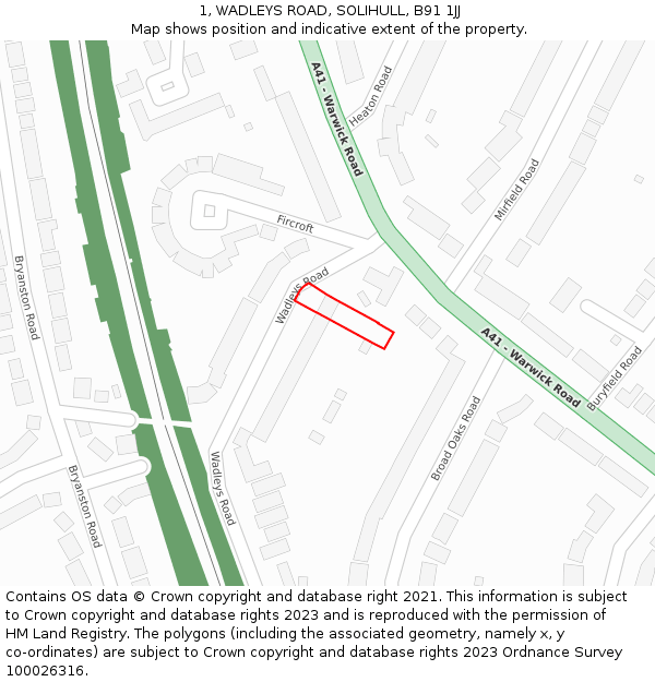 1, WADLEYS ROAD, SOLIHULL, B91 1JJ: Location map and indicative extent of plot