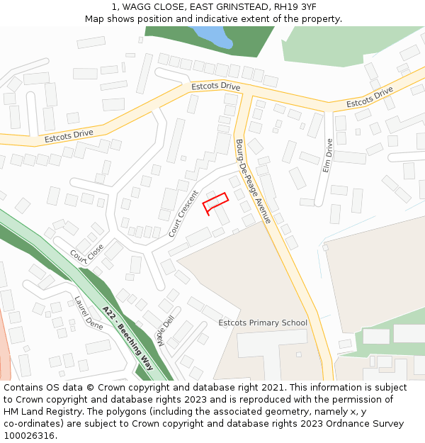 1, WAGG CLOSE, EAST GRINSTEAD, RH19 3YF: Location map and indicative extent of plot