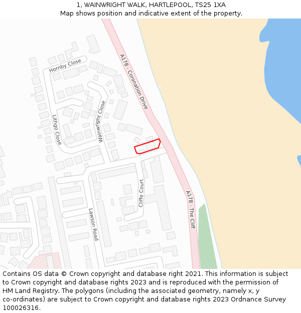 1, WAINWRIGHT WALK, HARTLEPOOL, TS25 1XA: Location map and indicative extent of plot