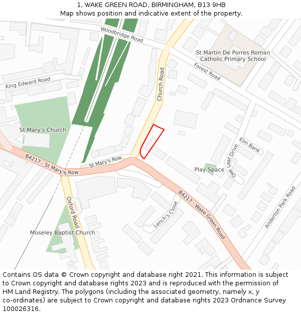 1, WAKE GREEN ROAD, BIRMINGHAM, B13 9HB: Location map and indicative extent of plot
