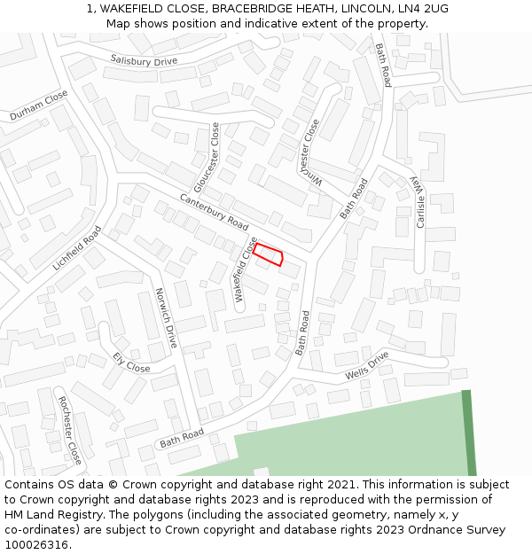 1, WAKEFIELD CLOSE, BRACEBRIDGE HEATH, LINCOLN, LN4 2UG: Location map and indicative extent of plot