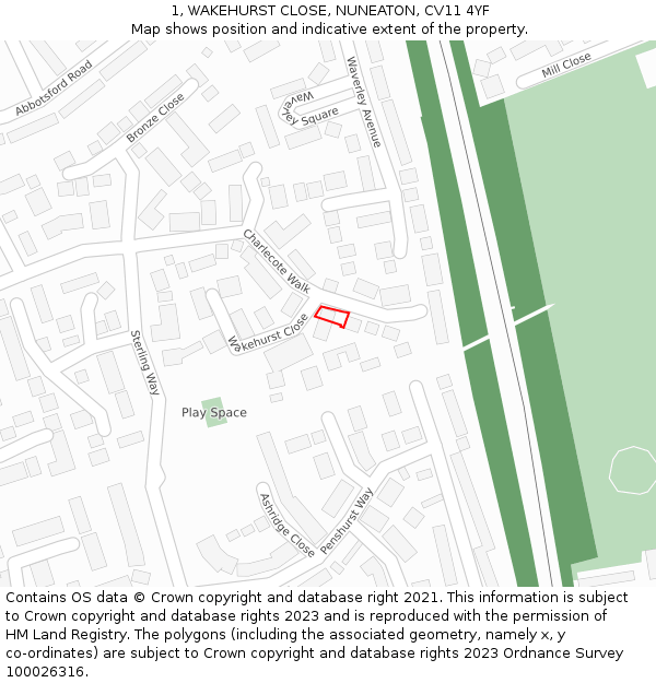 1, WAKEHURST CLOSE, NUNEATON, CV11 4YF: Location map and indicative extent of plot