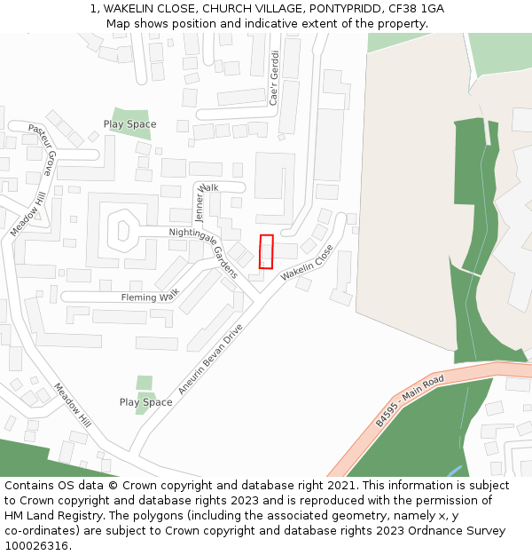 1, WAKELIN CLOSE, CHURCH VILLAGE, PONTYPRIDD, CF38 1GA: Location map and indicative extent of plot