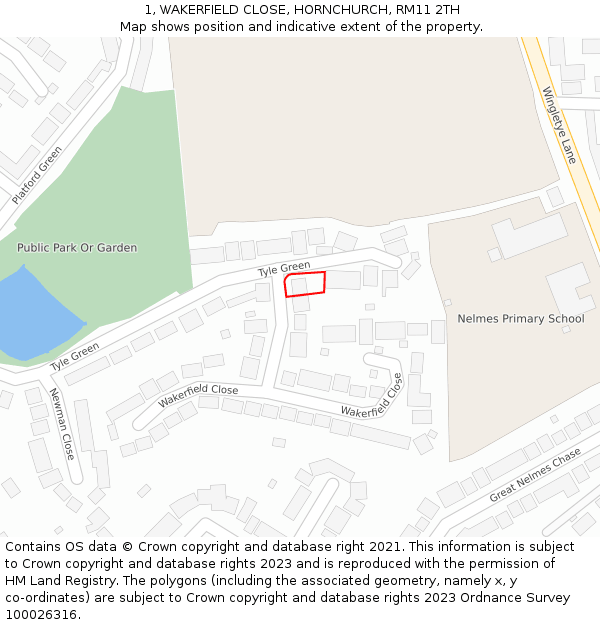 1, WAKERFIELD CLOSE, HORNCHURCH, RM11 2TH: Location map and indicative extent of plot