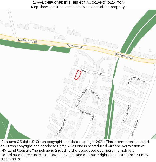 1, WALCHER GARDENS, BISHOP AUCKLAND, DL14 7GA: Location map and indicative extent of plot
