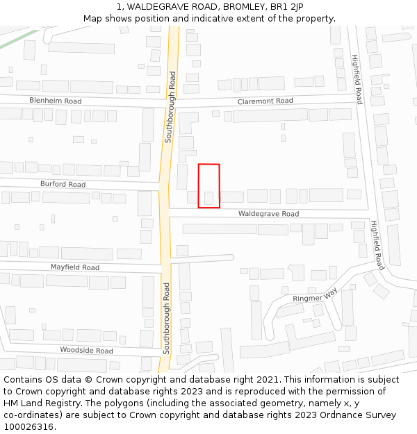 1, WALDEGRAVE ROAD, BROMLEY, BR1 2JP: Location map and indicative extent of plot