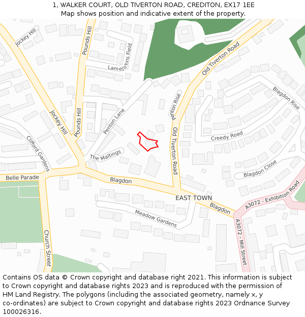 1, WALKER COURT, OLD TIVERTON ROAD, CREDITON, EX17 1EE: Location map and indicative extent of plot