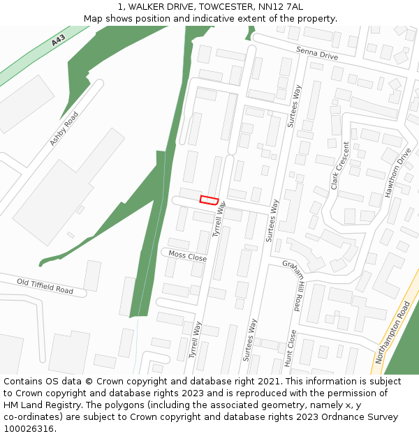 1, WALKER DRIVE, TOWCESTER, NN12 7AL: Location map and indicative extent of plot