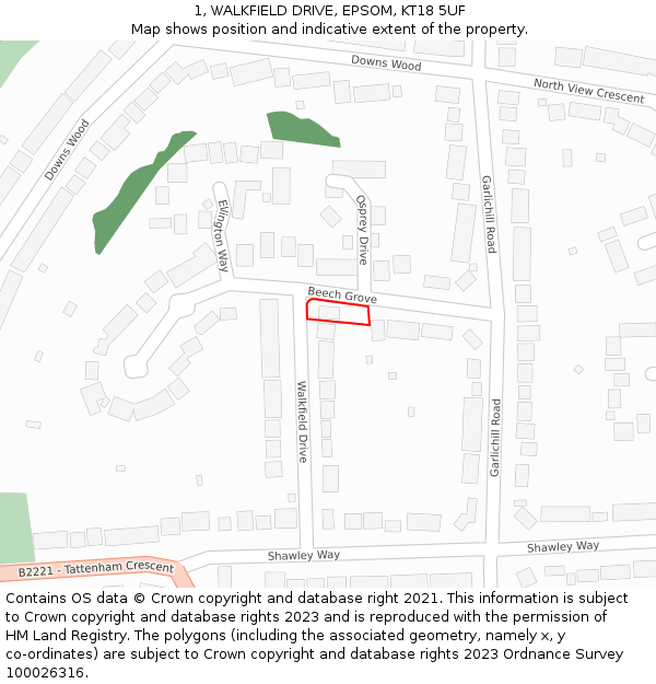 1, WALKFIELD DRIVE, EPSOM, KT18 5UF: Location map and indicative extent of plot