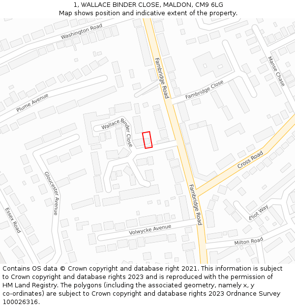 1, WALLACE BINDER CLOSE, MALDON, CM9 6LG: Location map and indicative extent of plot