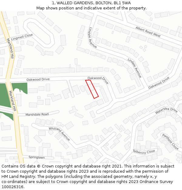1, WALLED GARDENS, BOLTON, BL1 5WA: Location map and indicative extent of plot