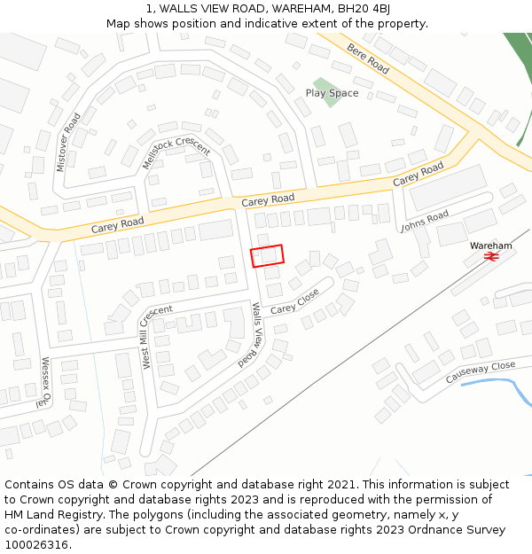 1, WALLS VIEW ROAD, WAREHAM, BH20 4BJ: Location map and indicative extent of plot