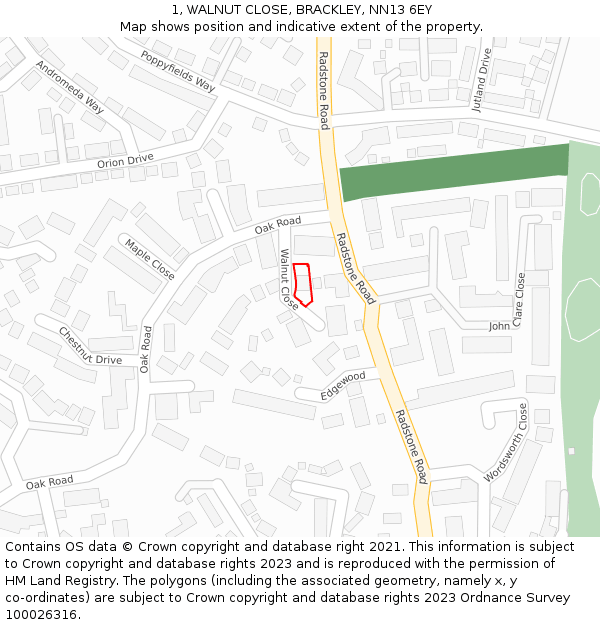 1, WALNUT CLOSE, BRACKLEY, NN13 6EY: Location map and indicative extent of plot