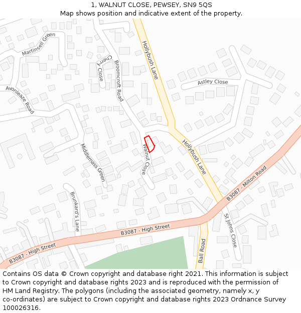 1, WALNUT CLOSE, PEWSEY, SN9 5QS: Location map and indicative extent of plot