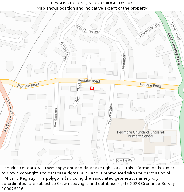 1, WALNUT CLOSE, STOURBRIDGE, DY9 0XT: Location map and indicative extent of plot
