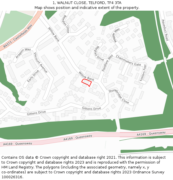 1, WALNUT CLOSE, TELFORD, TF4 3TA: Location map and indicative extent of plot