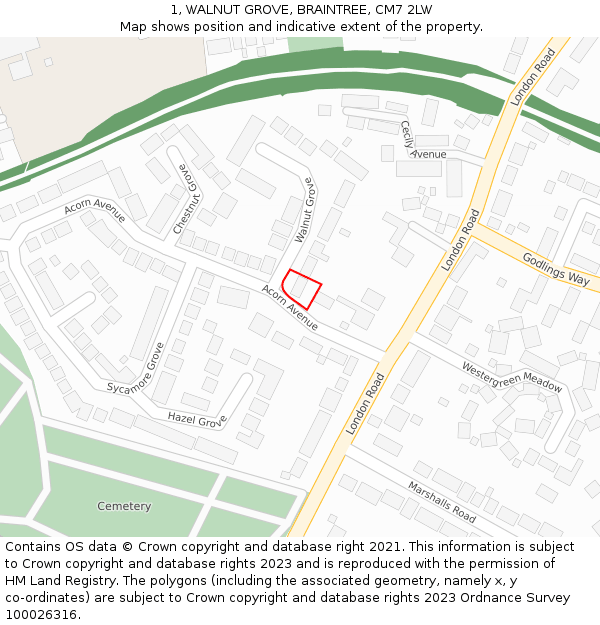 1, WALNUT GROVE, BRAINTREE, CM7 2LW: Location map and indicative extent of plot