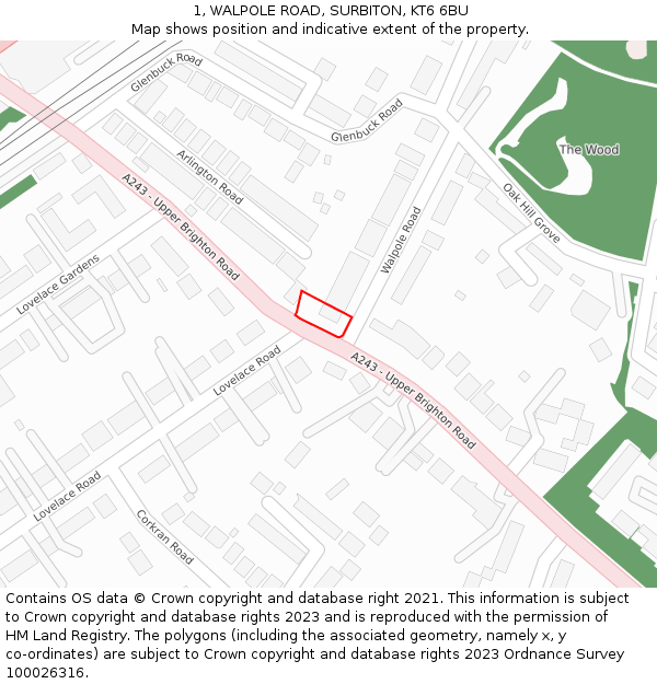 1, WALPOLE ROAD, SURBITON, KT6 6BU: Location map and indicative extent of plot