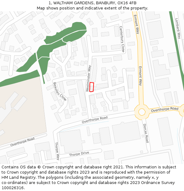 1, WALTHAM GARDENS, BANBURY, OX16 4FB: Location map and indicative extent of plot