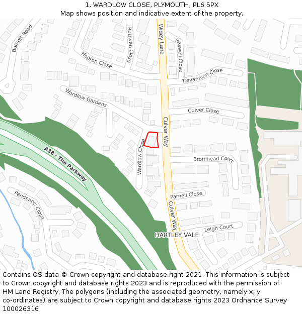 1, WARDLOW CLOSE, PLYMOUTH, PL6 5PX: Location map and indicative extent of plot