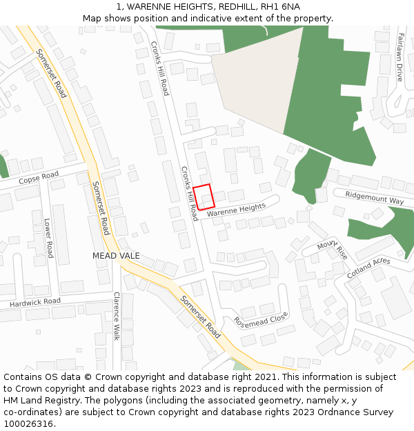 1, WARENNE HEIGHTS, REDHILL, RH1 6NA: Location map and indicative extent of plot