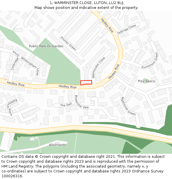 1, WARMINSTER CLOSE, LUTON, LU2 8UJ: Location map and indicative extent of plot