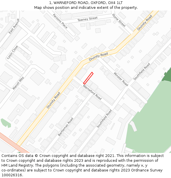 1, WARNEFORD ROAD, OXFORD, OX4 1LT: Location map and indicative extent of plot