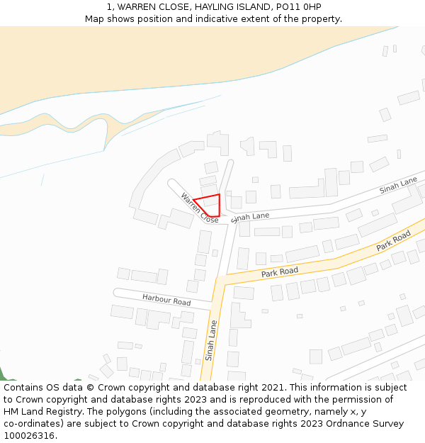 1, WARREN CLOSE, HAYLING ISLAND, PO11 0HP: Location map and indicative extent of plot