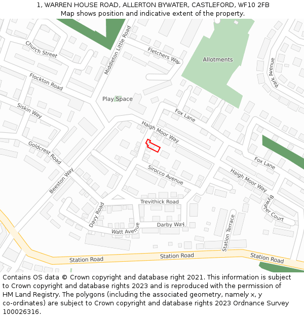 1, WARREN HOUSE ROAD, ALLERTON BYWATER, CASTLEFORD, WF10 2FB: Location map and indicative extent of plot