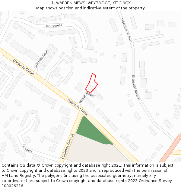 1, WARREN MEWS, WEYBRIDGE, KT13 9GX: Location map and indicative extent of plot
