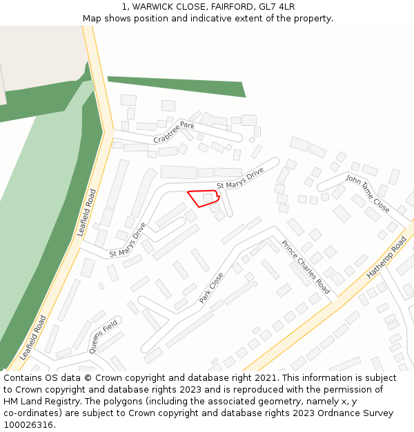 1, WARWICK CLOSE, FAIRFORD, GL7 4LR: Location map and indicative extent of plot