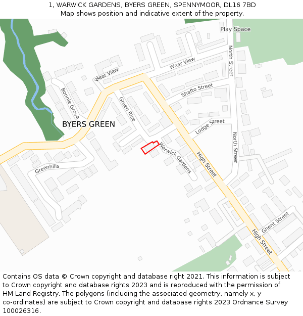 1, WARWICK GARDENS, BYERS GREEN, SPENNYMOOR, DL16 7BD: Location map and indicative extent of plot