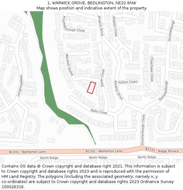 1, WARWICK GROVE, BEDLINGTON, NE22 6NW: Location map and indicative extent of plot