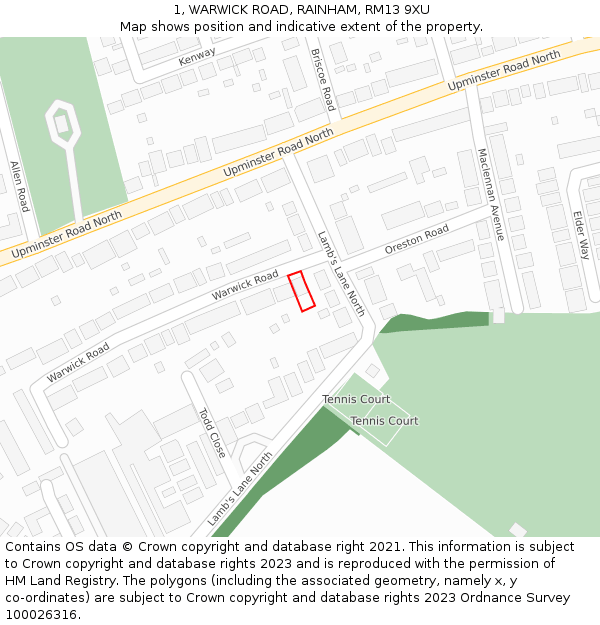 1, WARWICK ROAD, RAINHAM, RM13 9XU: Location map and indicative extent of plot