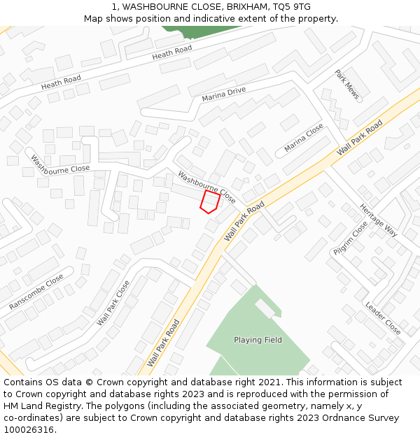1, WASHBOURNE CLOSE, BRIXHAM, TQ5 9TG: Location map and indicative extent of plot