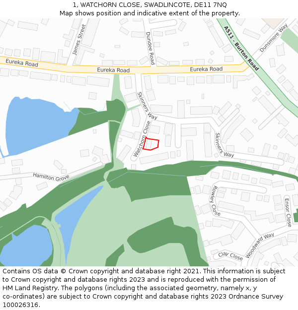 1, WATCHORN CLOSE, SWADLINCOTE, DE11 7NQ: Location map and indicative extent of plot