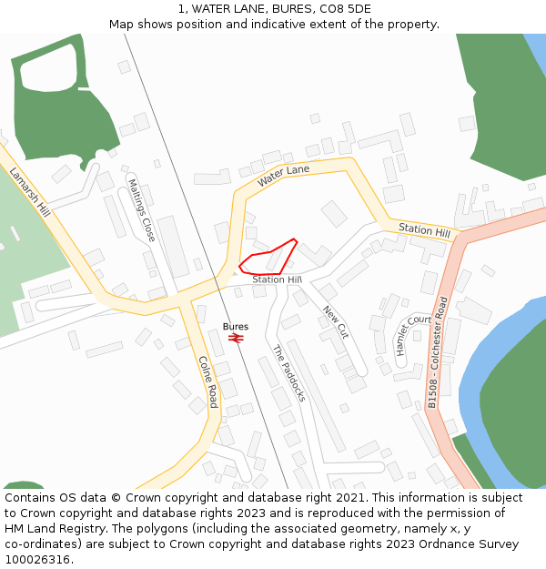 1, WATER LANE, BURES, CO8 5DE: Location map and indicative extent of plot