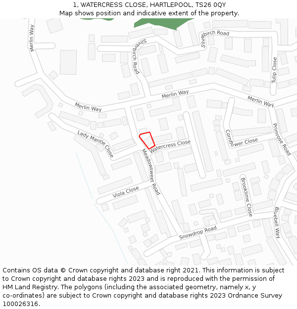 1, WATERCRESS CLOSE, HARTLEPOOL, TS26 0QY: Location map and indicative extent of plot