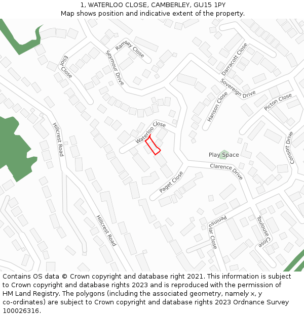 1, WATERLOO CLOSE, CAMBERLEY, GU15 1PY: Location map and indicative extent of plot