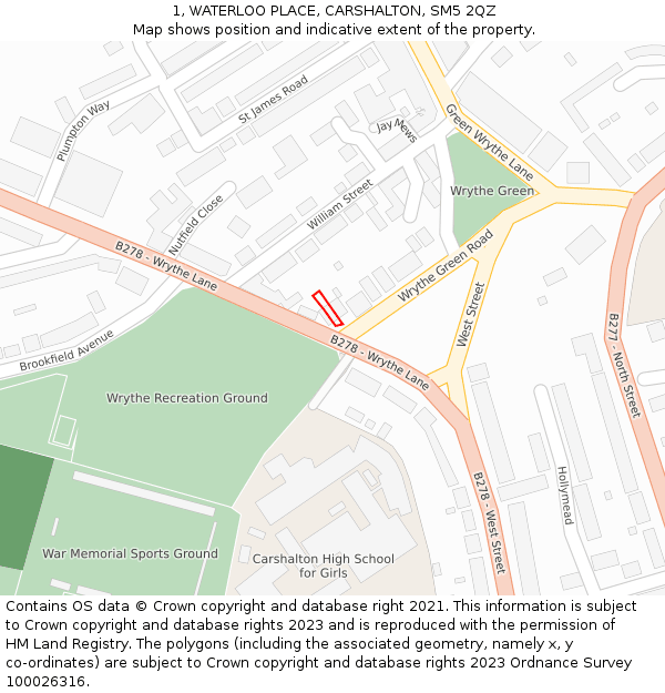 1, WATERLOO PLACE, CARSHALTON, SM5 2QZ: Location map and indicative extent of plot