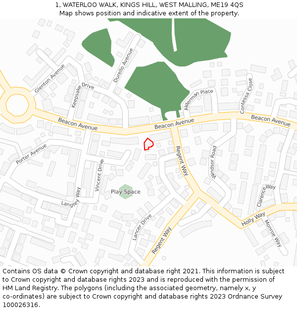 1, WATERLOO WALK, KINGS HILL, WEST MALLING, ME19 4QS: Location map and indicative extent of plot