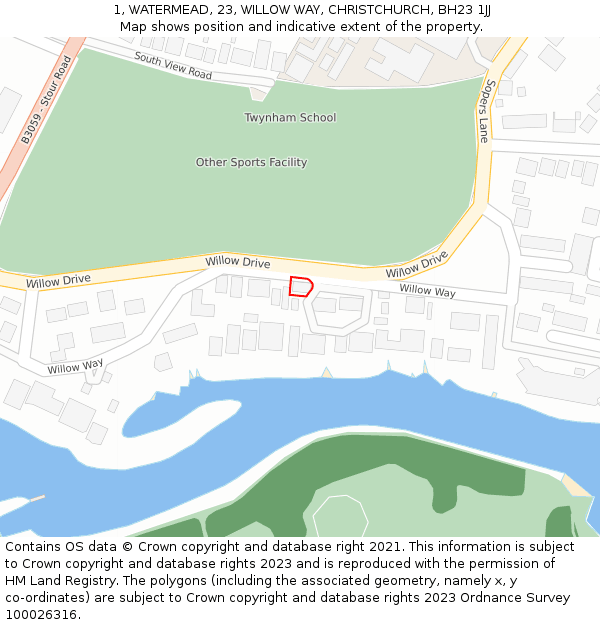 1, WATERMEAD, 23, WILLOW WAY, CHRISTCHURCH, BH23 1JJ: Location map and indicative extent of plot