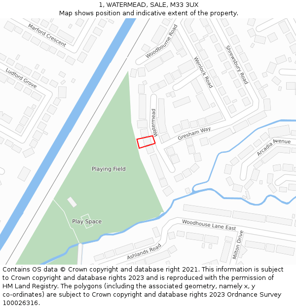 1, WATERMEAD, SALE, M33 3UX: Location map and indicative extent of plot