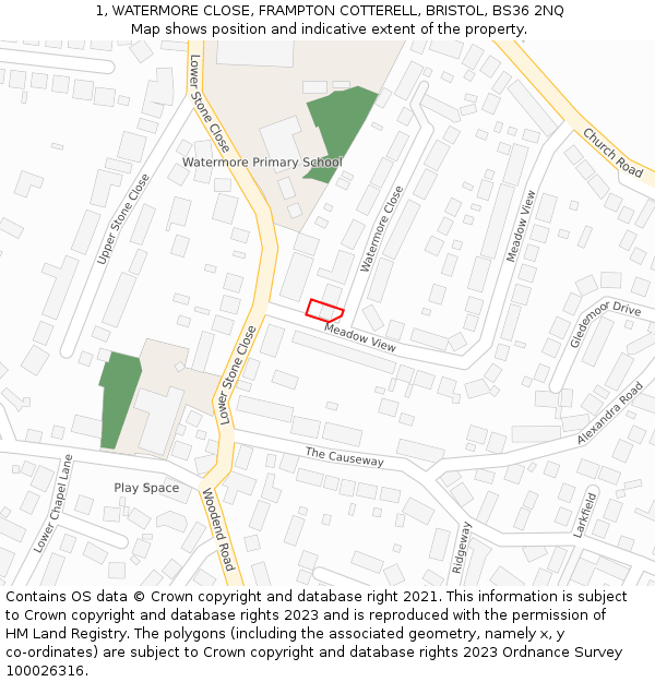 1, WATERMORE CLOSE, FRAMPTON COTTERELL, BRISTOL, BS36 2NQ: Location map and indicative extent of plot