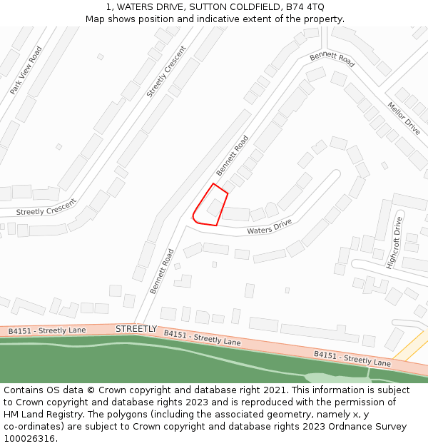 1, WATERS DRIVE, SUTTON COLDFIELD, B74 4TQ: Location map and indicative extent of plot