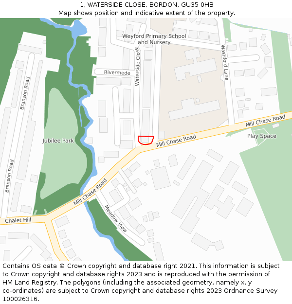 1, WATERSIDE CLOSE, BORDON, GU35 0HB: Location map and indicative extent of plot