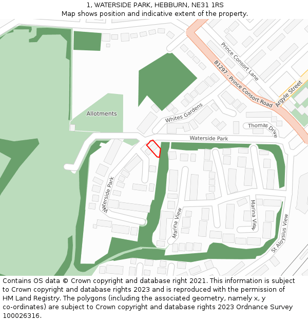 1, WATERSIDE PARK, HEBBURN, NE31 1RS: Location map and indicative extent of plot